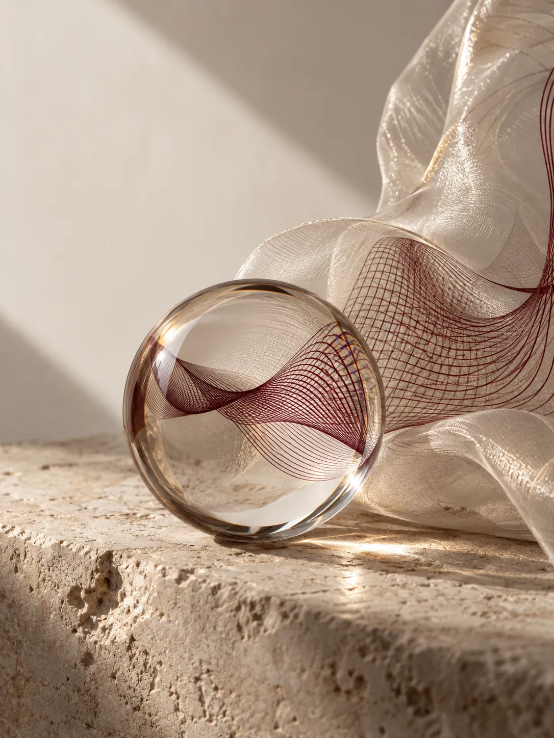 An optical glass lens resting on limestone